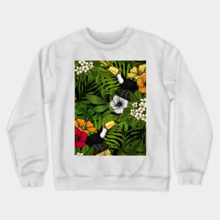 Toucans amd tropical flora, green, yellow, red and orange Crewneck Sweatshirt